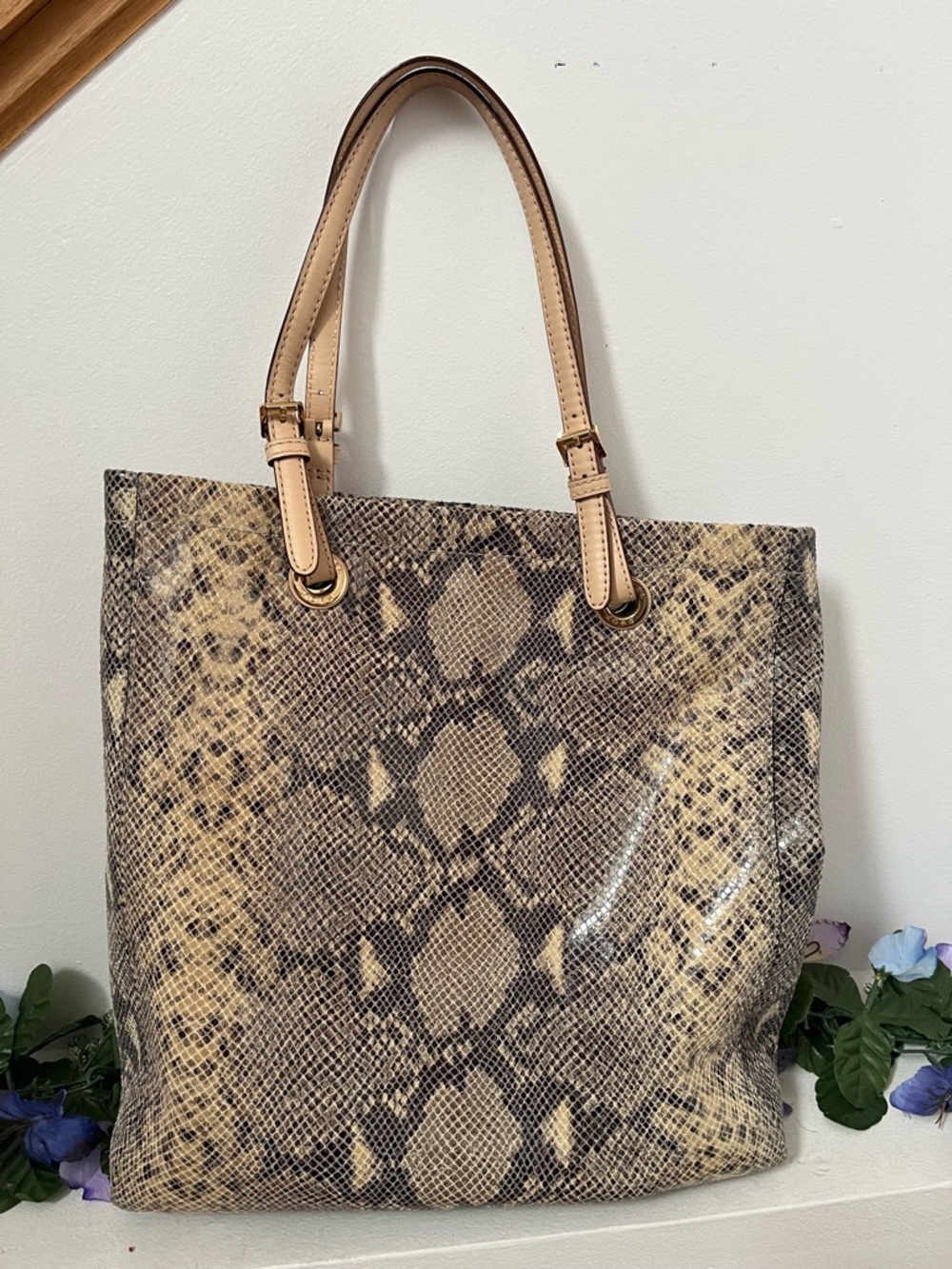 Michael Kors Snake-Print Leather Tote in Beige and Brown - Picture 6 of 7